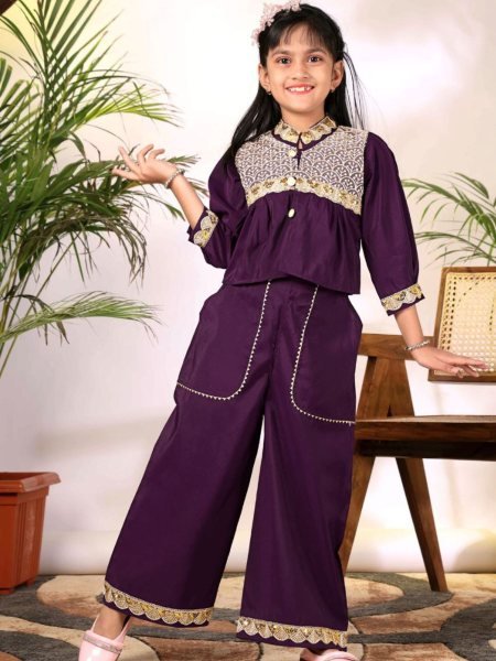 Majestic Wine Comfortable Kids Ethnic Wear Set with Lace Plazzo Kurtis