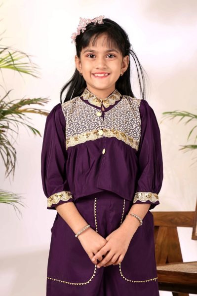 Majestic Wine Comfortable Kids Ethnic Wear Set with Lace Plazzo Girls Wear