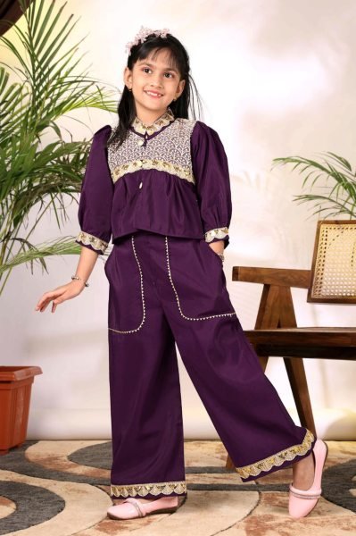 Majestic Wine Comfortable Kids Ethnic Wear Set with Lace Plazzo Girls Wear