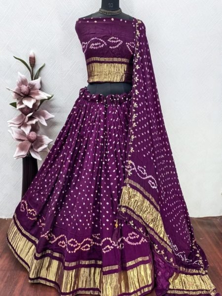 Majestic Wine Designer Traditional Bandhej Lehenga Choli with Pure Gaji Silk Fabric Shop by Occasion