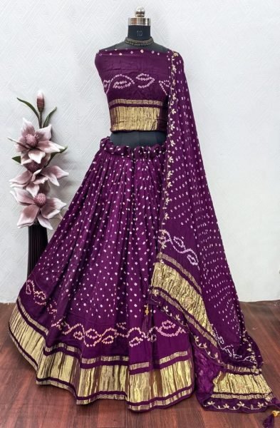 Majestic Wine Designer Traditional Bandhej Lehenga Choli with Pure Gaji Silk Fabric Navratri Lehnega Choli