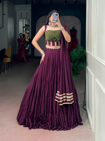 Majestic Wine Rayon Bandhej Print Lehenga Choli with Matching Blouse at Manufacturer  Navratri Lehnega Choli