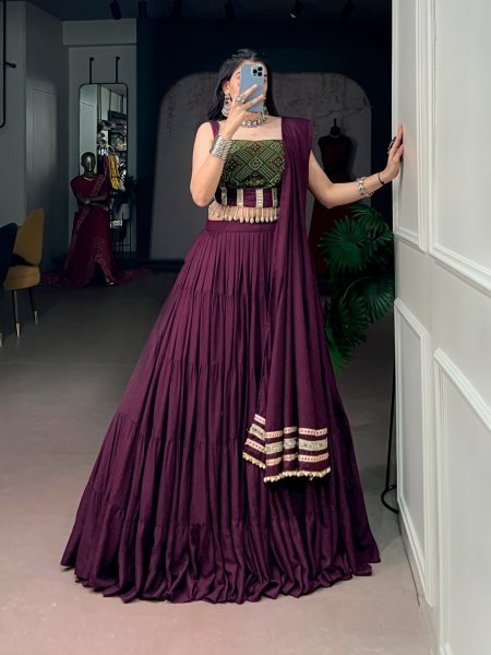 Majestic Wine Rayon Bandhej Print Lehenga Choli with Matching Blouse at Manufacturer  Navratri Lehnega Choli
