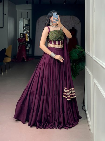 Majestic Wine Rayon Bandhej Print Lehenga Choli with Matching Blouse at Manufacturer  Navratri Lehnega Choli