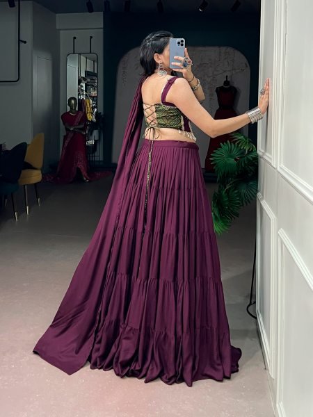 Majestic Wine Rayon Bandhej Print Lehenga Choli with Matching Blouse at Manufacturer  Navratri Lehnega Choli