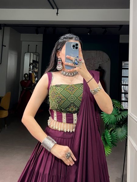 Majestic Wine Rayon Bandhej Print Lehenga Choli with Matching Blouse at Manufacturer  Navratri Lehnega Choli