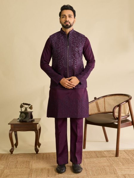 Majestic Wine Ready to Wear Men's Art Silk Koti Kurta Set with Traditional Mirror Work Mens Wear