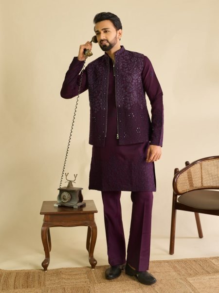 Majestic Wine Ready to Wear Men's Art Silk Koti Kurta Set with Traditional Mirror Work Kurta Pajama Wholesale