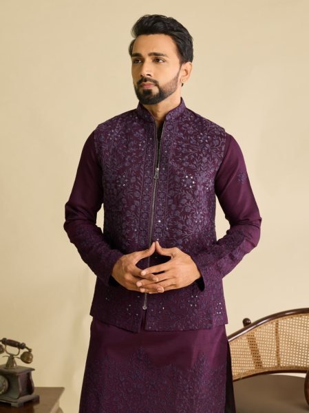 Majestic Wine Ready to Wear Men's Art Silk Koti Kurta Set with Traditional Mirror Work Kurta Pajama Wholesale