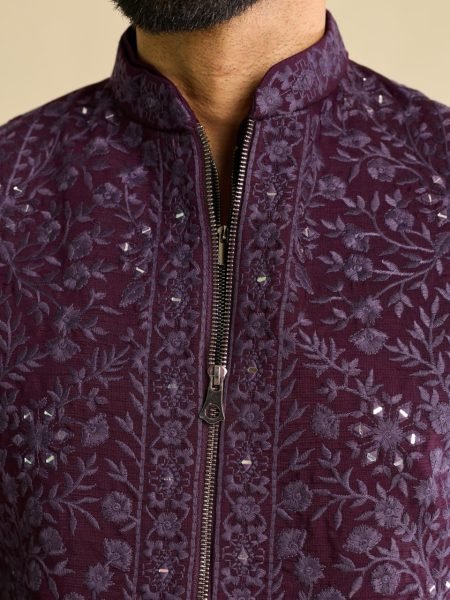 Majestic Wine Ready to Wear Men's Art Silk Koti Kurta Set with Traditional Mirror Work Kurta Pajama Wholesale