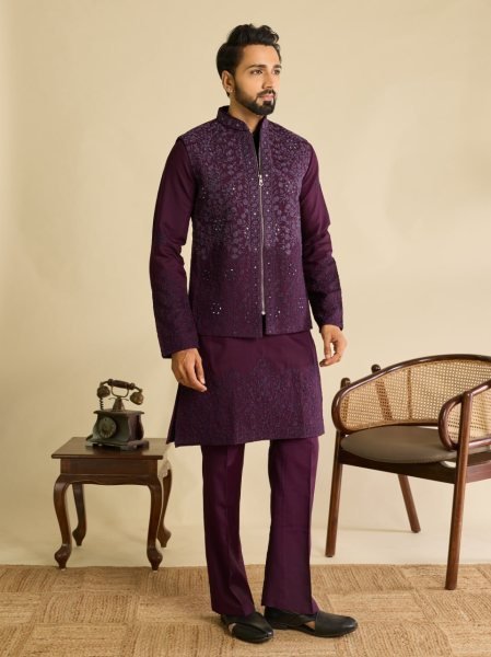 Majestic Wine Ready to Wear Men's Art Silk Koti Kurta Set with Traditional Mirror Work Kurta Pajama Wholesale