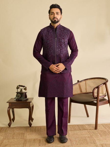 Majestic Wine Ready to Wear Men's Art Silk Koti Kurta Set with Traditional Mirror Work Kurta Pajama Wholesale