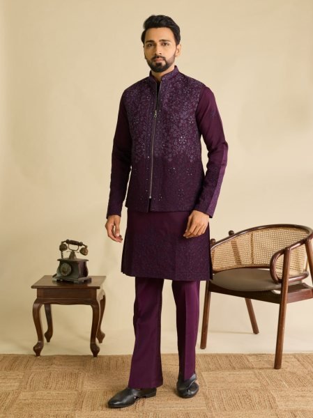Majestic Wine Ready to Wear Men's Art Silk Koti Kurta Set with Traditional Mirror Work Kurta Pajama Wholesale