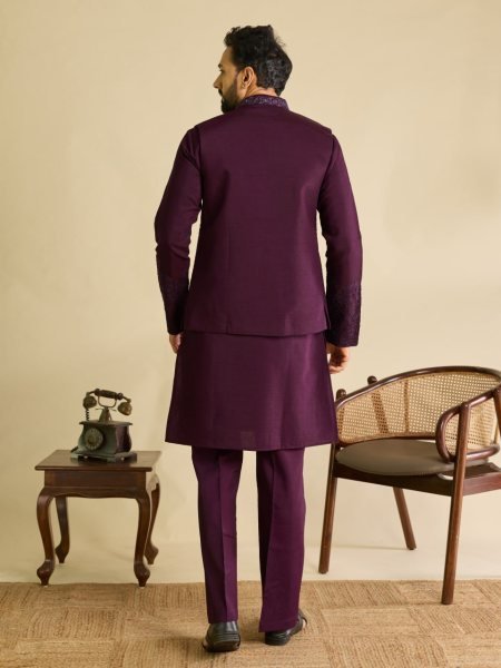 Majestic Wine Ready to Wear Men's Art Silk Koti Kurta Set with Traditional Mirror Work Kurta Pajama Wholesale