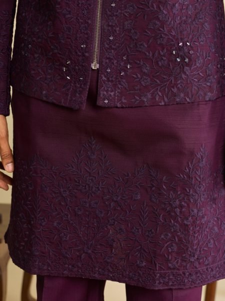 Majestic Wine Ready to Wear Men's Art Silk Koti Kurta Set with Traditional Mirror Work Kurta Pajama Wholesale