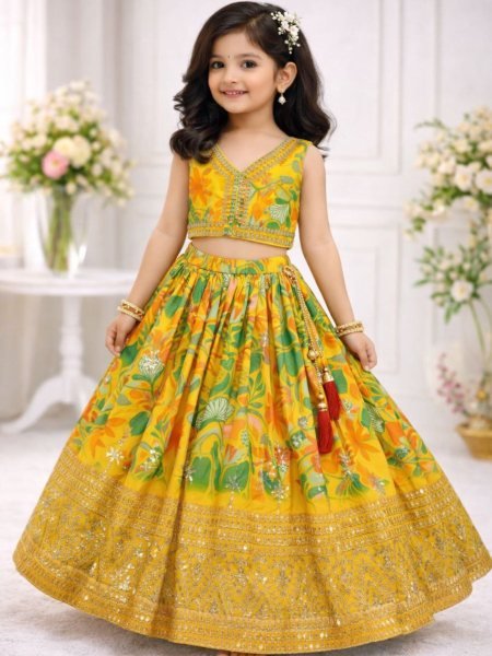 Majestic Yellow Kids Georgette Lehenga with Embroidery and Dupatta for Festive Wear Kurtis