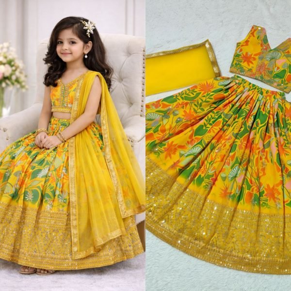 Majestic Yellow Kids Georgette Lehenga with Embroidery and Dupatta for Festive Wear Girls Wear