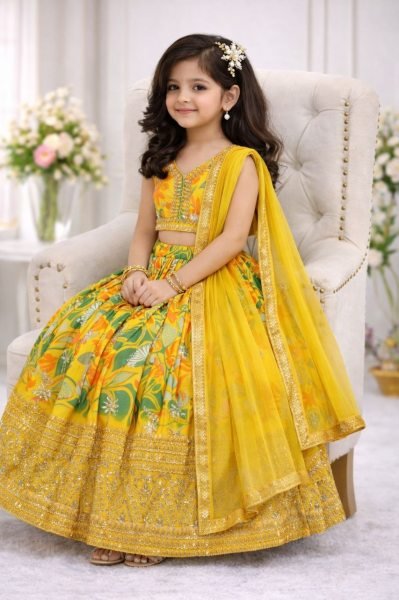 Majestic Yellow Kids Georgette Lehenga with Embroidery and Dupatta for Festive Wear Girls Wear