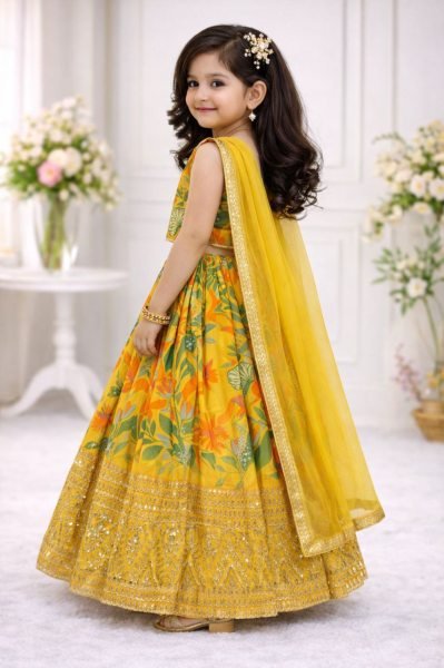 Majestic Yellow Kids Georgette Lehenga with Embroidery and Dupatta for Festive Wear Girls Wear