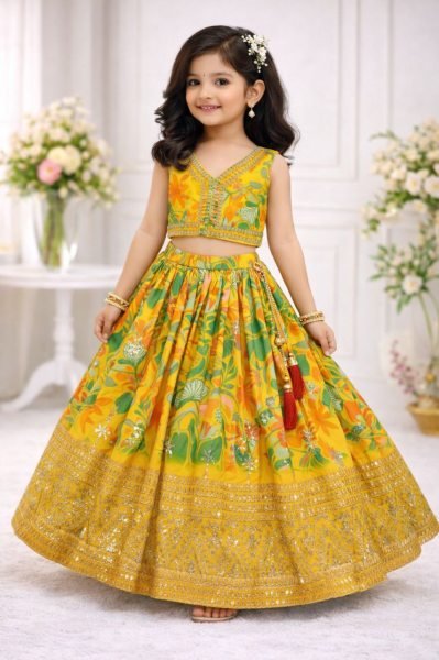 Majestic Yellow Kids Georgette Lehenga with Embroidery and Dupatta for Festive Wear Girls Wear