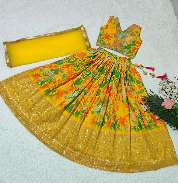 Majestic Yellow Kids Georgette Lehenga with Embroidery and Dupatta for Festive Wear Girls Wear