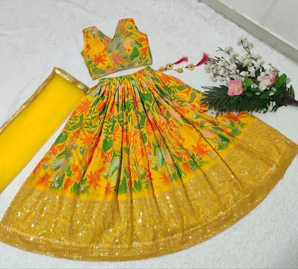 Majestic Yellow Kids Georgette Lehenga with Embroidery and Dupatta for Festive Wear Girls Wear