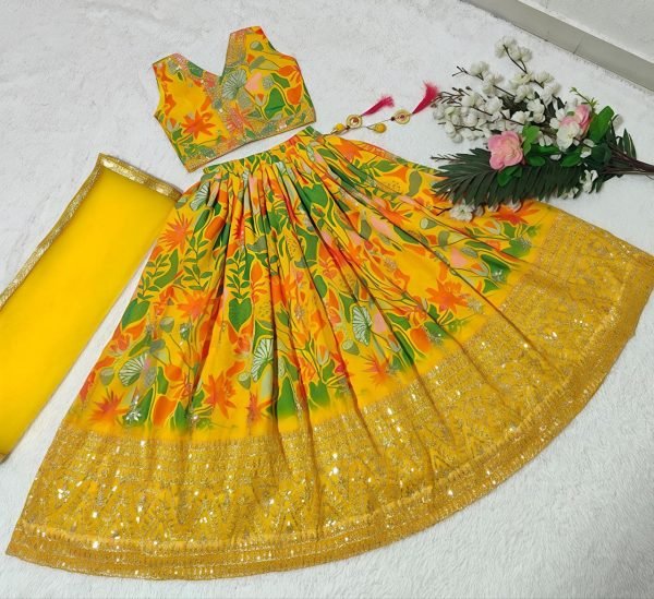 Majestic Yellow Kids Georgette Lehenga with Embroidery and Dupatta for Festive Wear Girls Wear