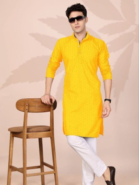 Majestic Yellow Men Ethnic Cotton Kurta with Embroidery Work for Festive Season 