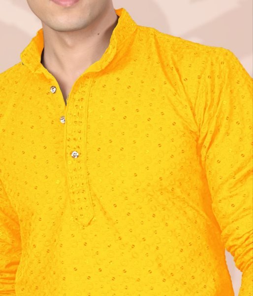 Majestic Yellow Men Ethnic Cotton Kurta with Embroidery Work for Festive Season Kurta Pajama Wholesale