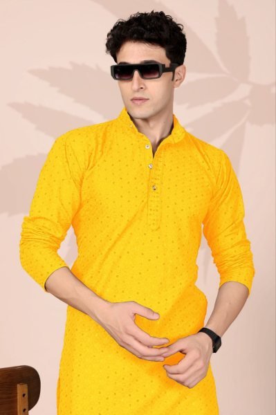 Majestic Yellow Men Ethnic Cotton Kurta with Embroidery Work for Festive Season Kurta Pajama Wholesale