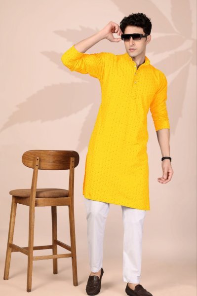 Majestic Yellow Men Ethnic Cotton Kurta with Embroidery Work for Festive Season Kurta Pajama Wholesale