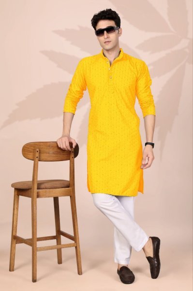Majestic Yellow Men Ethnic Cotton Kurta with Embroidery Work for Festive Season Kurta Pajama Wholesale
