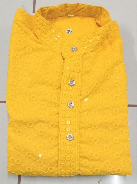 Majestic Yellow Men Ethnic Cotton Kurta with Embroidery Work for Festive Season Kurta Pajama Wholesale