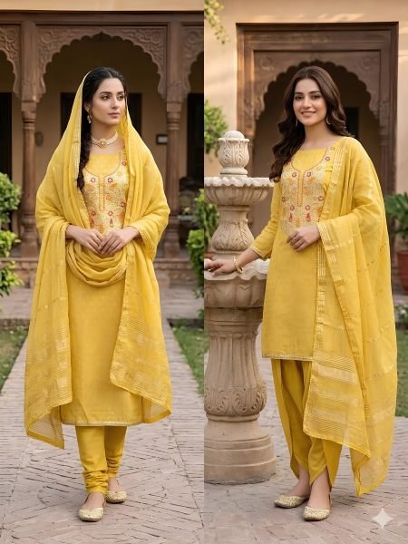 Majestic Yellow Party Wear Simmer Silk Suit with Chanderi Silk Jacquard Dupatta 
