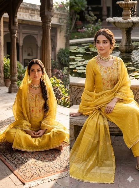 Majestic Yellow Party Wear Simmer Silk Suit with Chanderi Silk Jacquard Dupatta Color Set Matching Dress Material Wholesale