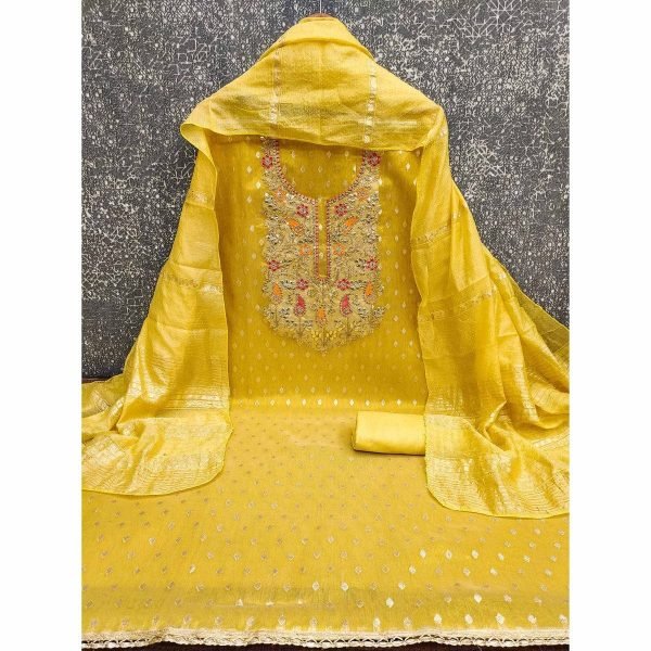 Majestic Yellow Party Wear Simmer Silk Suit with Chanderi Silk Jacquard Dupatta Color Set Matching Dress Material Wholesale