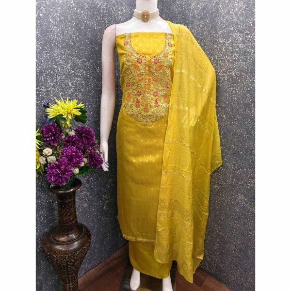 Majestic Yellow Party Wear Simmer Silk Suit with Chanderi Silk Jacquard Dupatta Color Set Matching Dress Material Wholesale
