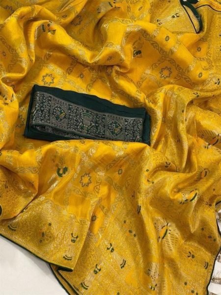 Majestic Yellow Pure Dhola Silk Saree with Meenakari Jaal Weaving and Fancy Tassels Silk Sarees Wholesale