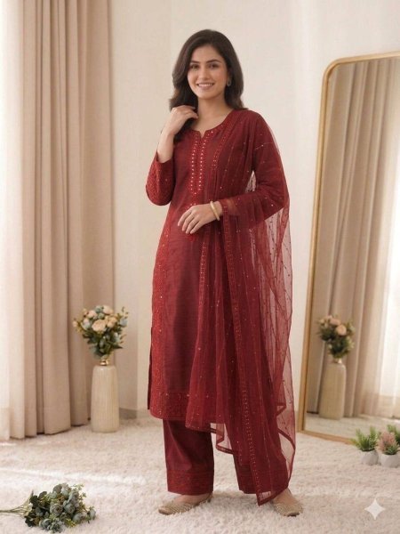 Mal Chanderi Hand Mirror Embroidered Plazzo Suit Set Ready To Wear Suit