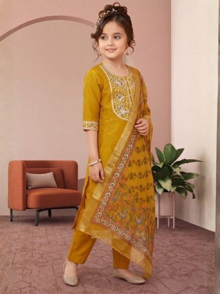 Malaysia Trending Yellow Girls Rayon Slub Dupatta Set at Wholesale Rate Kurtis