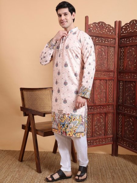 Mandarin Collar Kurta for Men in Soft Cotton with Rich Digital & Sequin Detailing Outfit Mens Wear