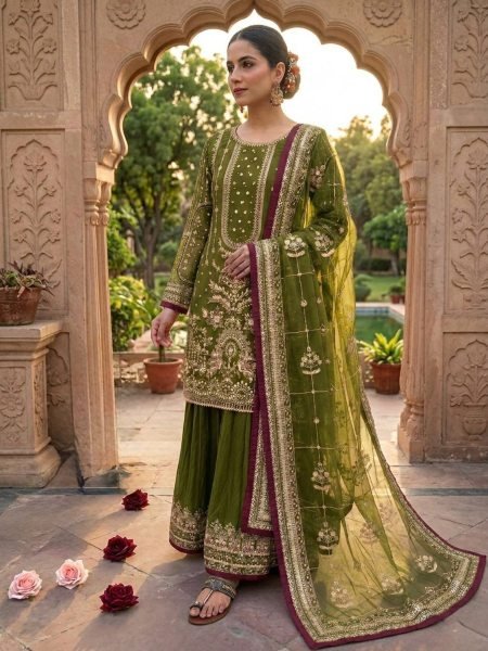 Manufacturer Collection Mahendi Green Fancy Sleeves Top Embroidered 5 mm Sequence Work Plazzo And Border Ready To Wear Suit