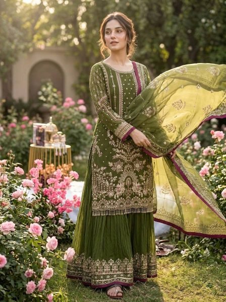 Manufacturer Collection Mahendi Green Fancy Sleeves Top Embroidered 5 mm Sequence Work Plazzo And Border Ready To Wear Collection