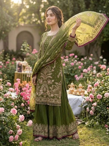Manufacturer Collection Mahendi Green Fancy Sleeves Top Embroidered 5 mm Sequence Work Plazzo And Border Ready To Wear Collection