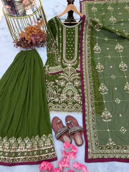 Manufacturer Collection Mahendi Green Fancy Sleeves Top Embroidered 5 mm Sequence Work Plazzo And Border Ready To Wear Collection