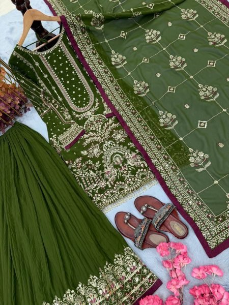 Manufacturer Collection Mahendi Green Fancy Sleeves Top Embroidered 5 mm Sequence Work Plazzo And Border Ready To Wear Collection