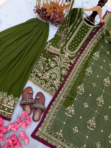Manufacturer Collection Mahendi Green Fancy Sleeves Top Embroidered 5 mm Sequence Work Plazzo And Border Ready To Wear Collection