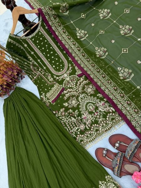 Manufacturer Collection Mahendi Green Fancy Sleeves Top Embroidered 5 mm Sequence Work Plazzo And Border Ready To Wear Collection