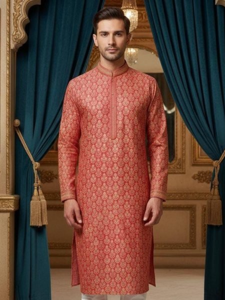 Manyavar Men Rust Orange Printed Silk Blend Kurta Set for Weddings 