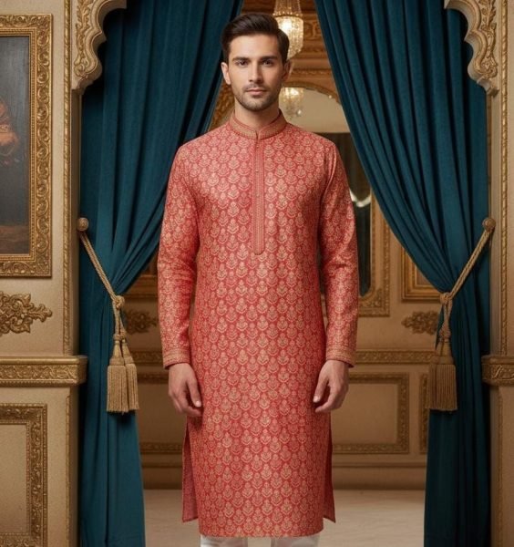 Manyavar Men Rust Orange Printed Silk Blend Kurta Set for Weddings Kurta Pajama Wholesale
